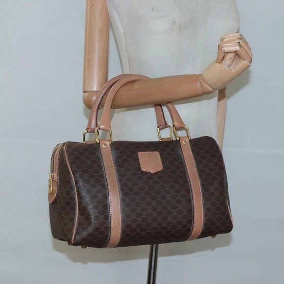 CELINE Macadam Canvas Boston Bag PVC Leather Brown Gold Auth - Picture 1 of 15